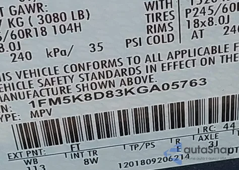 2019 Ford Explorer Xlt из США, поврежденный, VIN 1FM5K8D83KGA05763